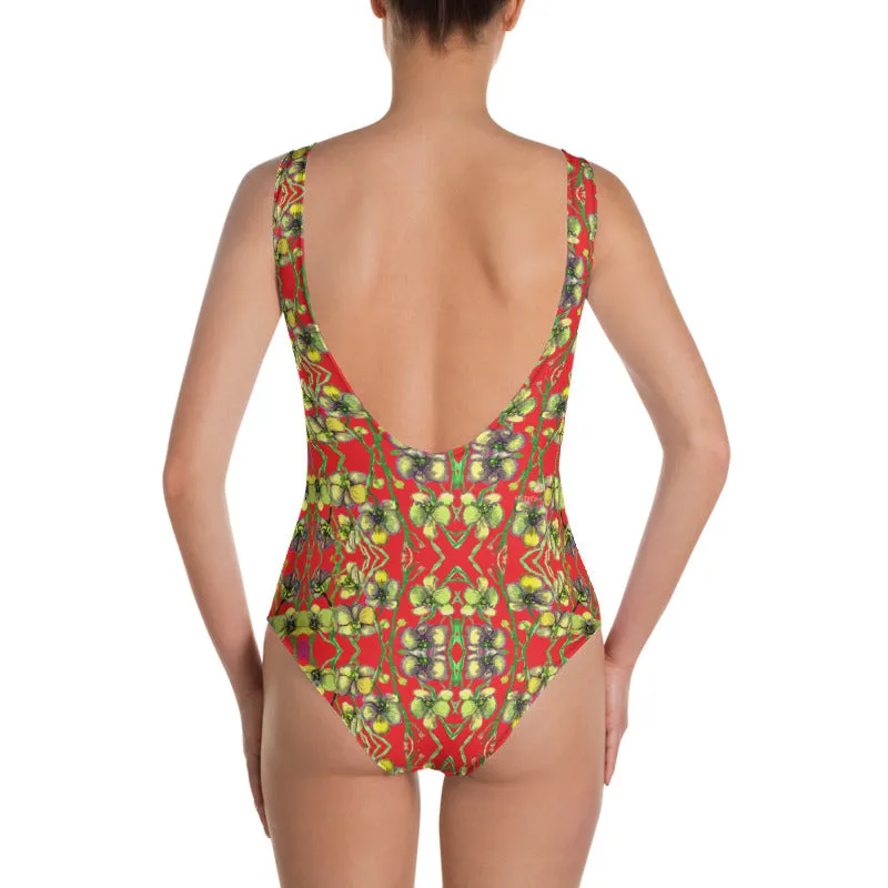 Red Yellow Orchids Women's Swimwear, Designer Floral Print One-Piece Swimsuit For Ladies